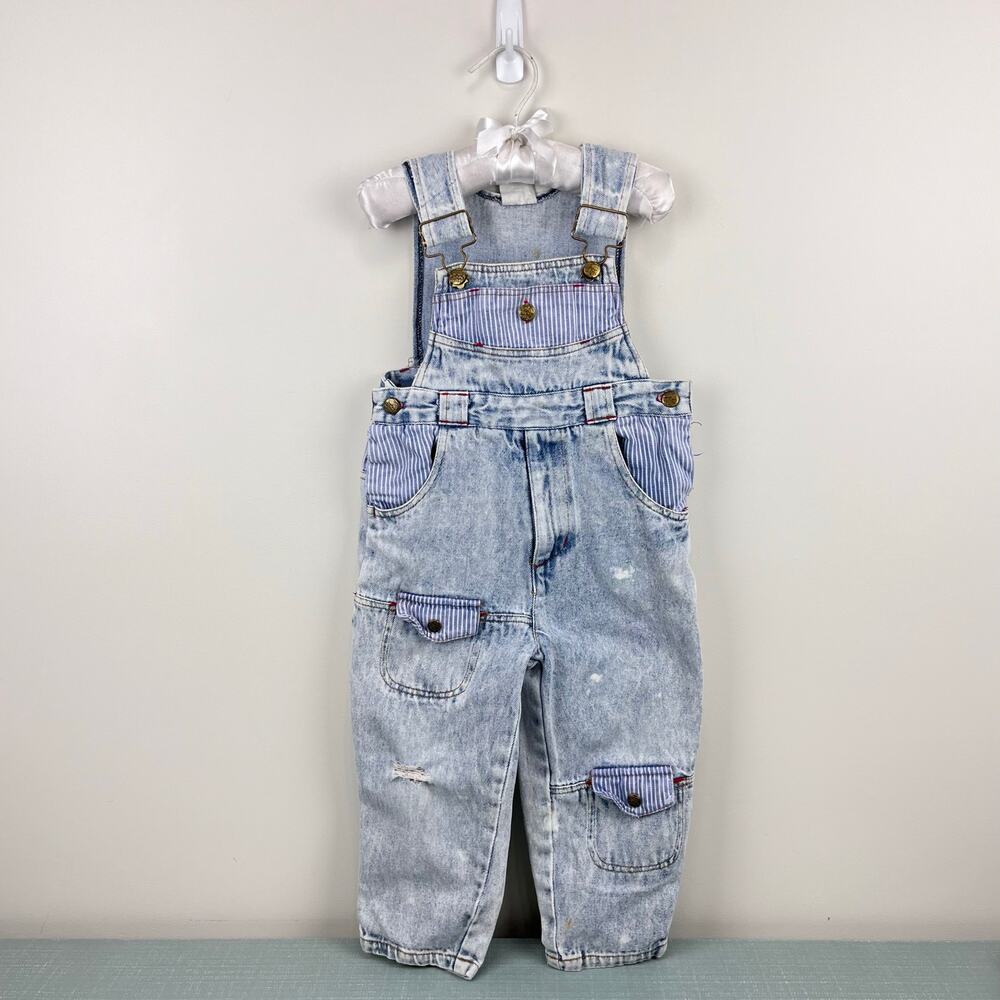 Vintage Happy Kids Patch Pocket Distressed Blue Jean Overalls